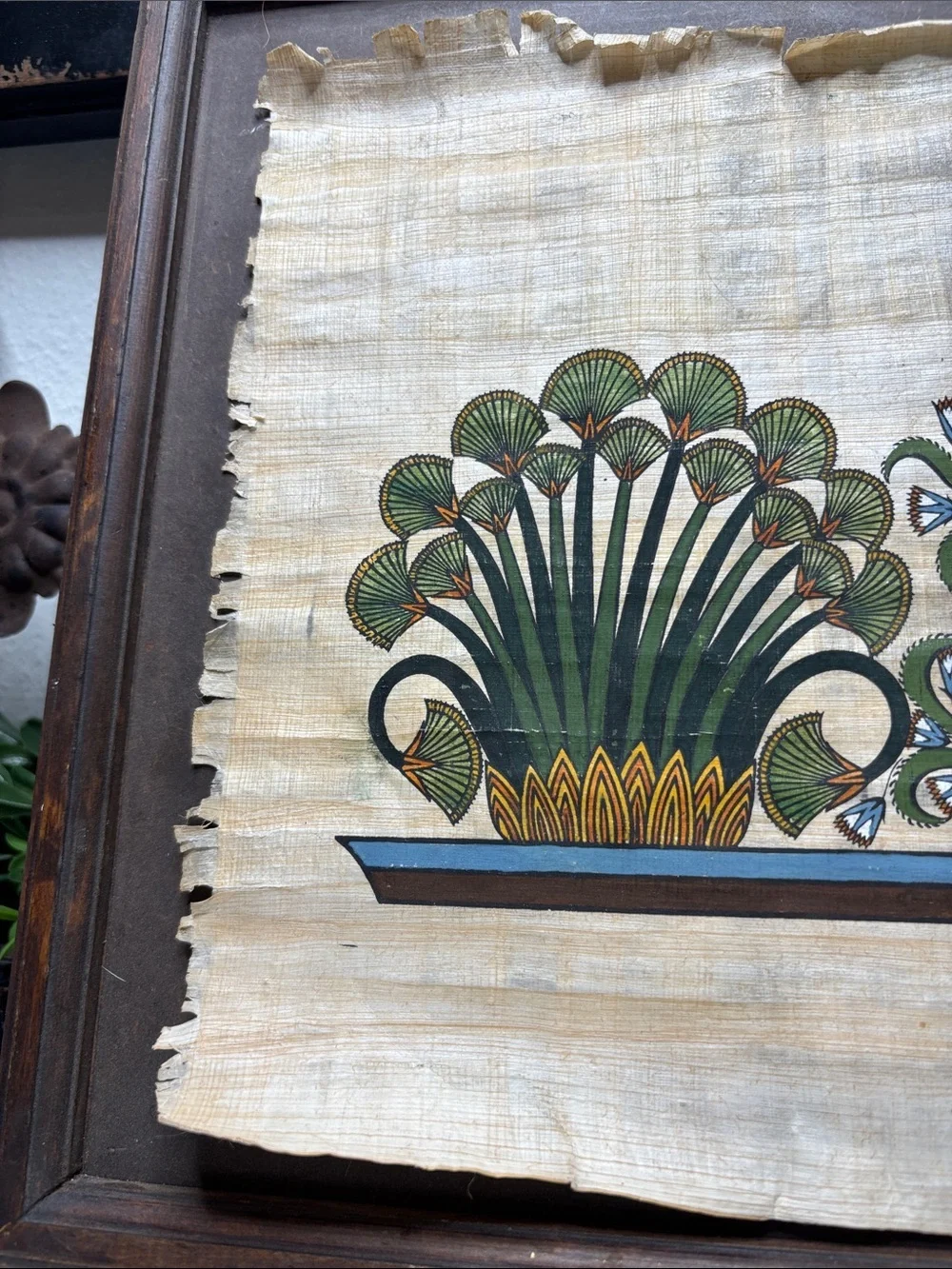 Egyptian art painted on papyrus duck lotus and papyrus plants with frame